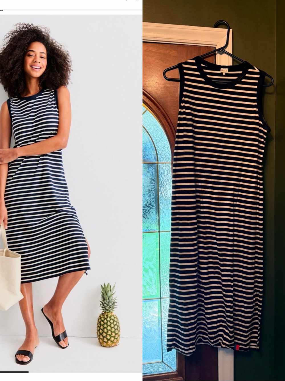 KULE Navy and White Striped Sleeveless Midi Dress